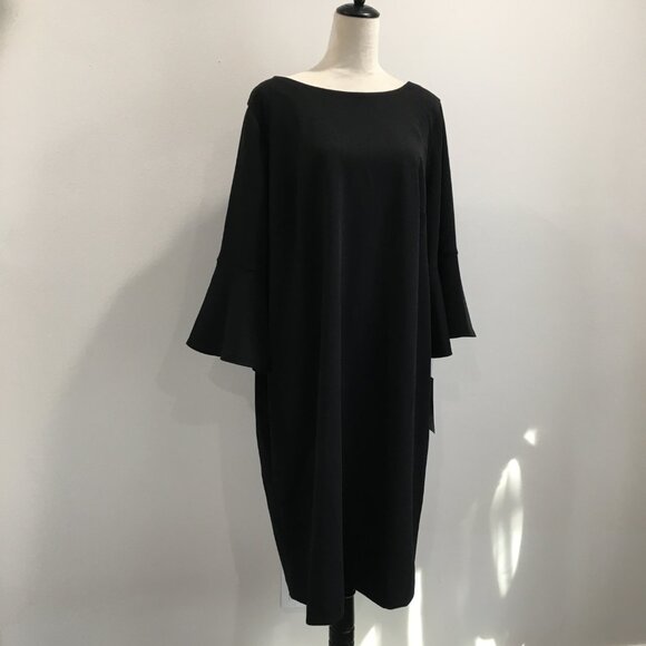 NWT CALVIN KLEIN Black 3/4 Bell Ruffle Sleeve Zip Back Dress - Picture 4 of 11